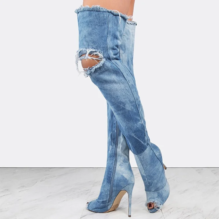 Blue Ripped Denim Peep Toe Thigh High Boots with Stiletto Heel |FSJ Shoes