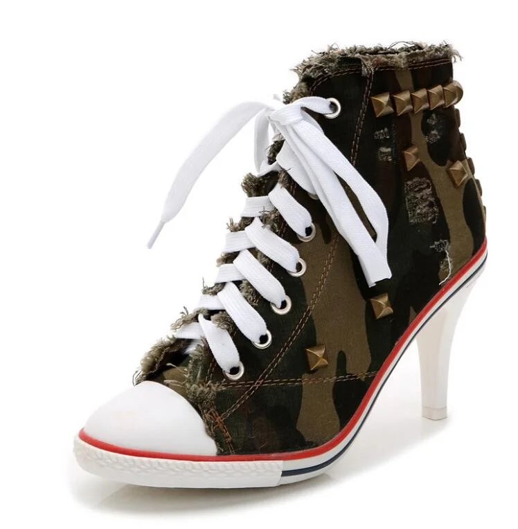 Comemore Women Canvas Shoes Denim High Heels Rivets Shoes Fashion Shoe Spring Sneakers Women's Pumps Black Blue Autumn New 2023