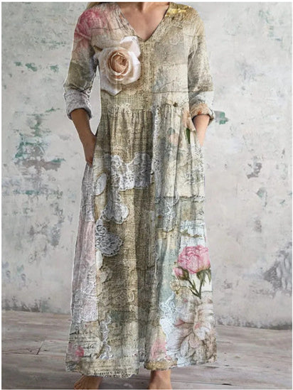 Women's 3/4 Sleeve V-neck Floral Printed Midi Dress