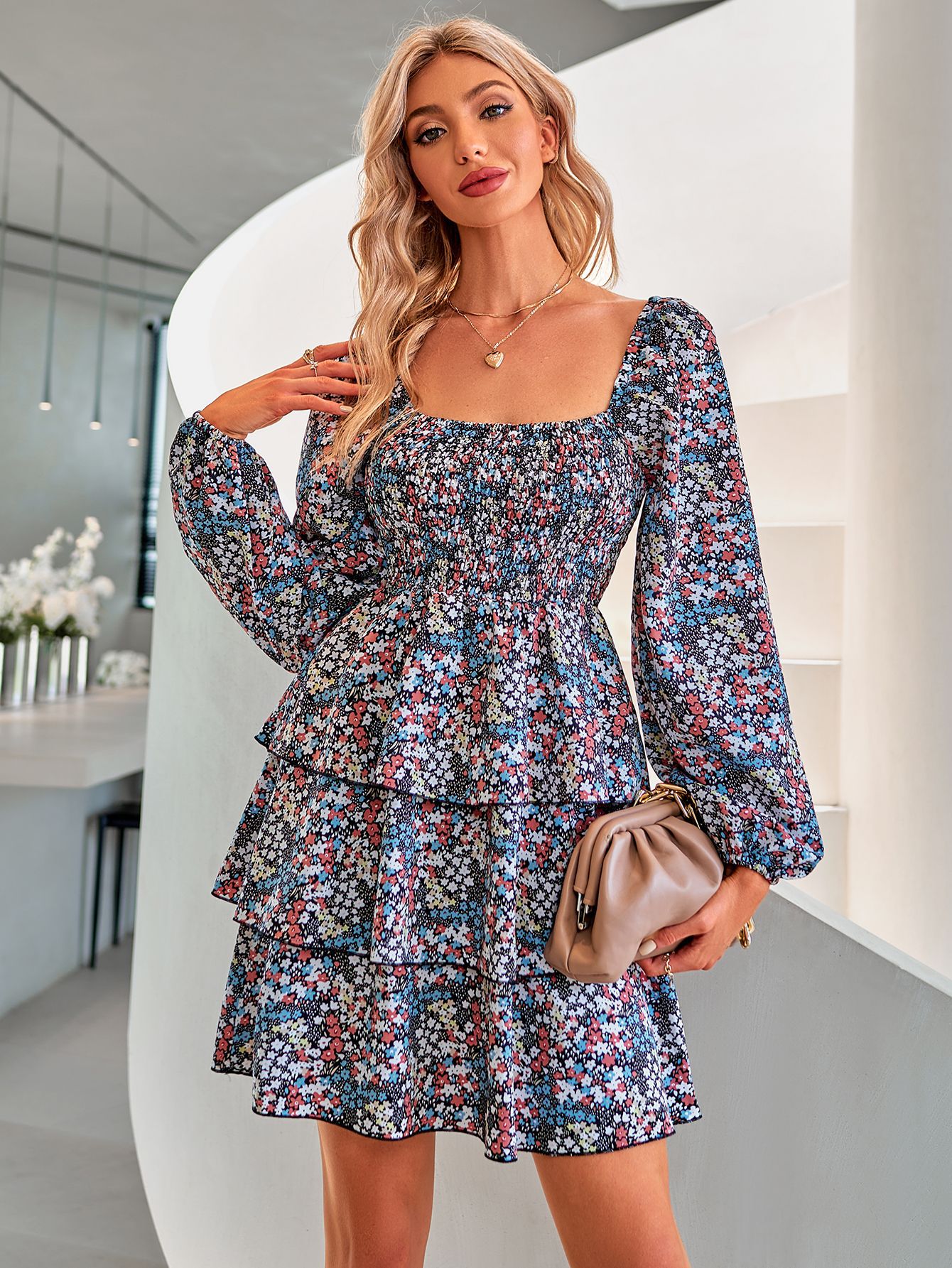 Elegant Floral Print Square Neck Full Lantern Sleeve Folds Mini Dress