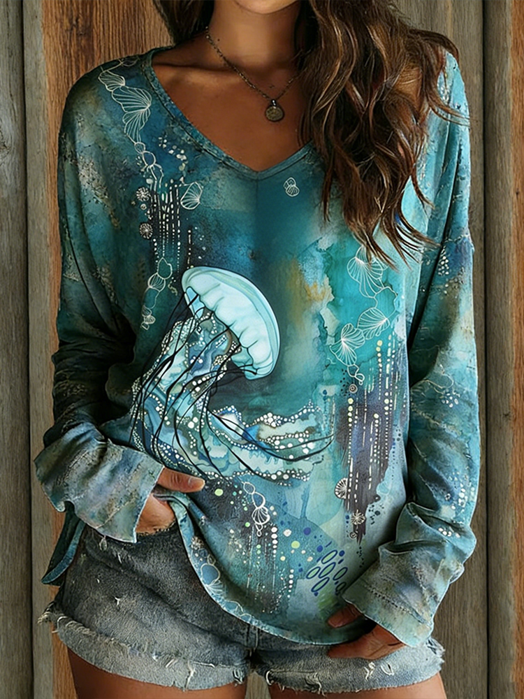 Retro Jellyfish Pattern Casual V-neck Long-sleeve T-shirt wearshes