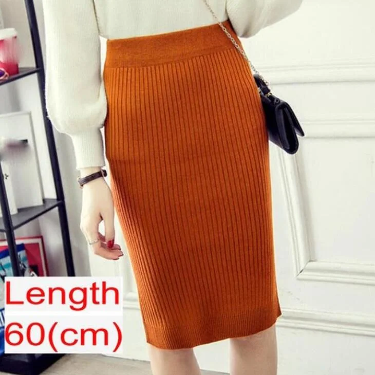Women Knitted Pencil Skirts Slim Solid Basic Ladies Office High Waist Elegant Midi Skirt 2020 Autumn Winter Warm Womens Skirts