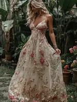 Women's Vintage Pink Rose Art Comfy Maxi Dress