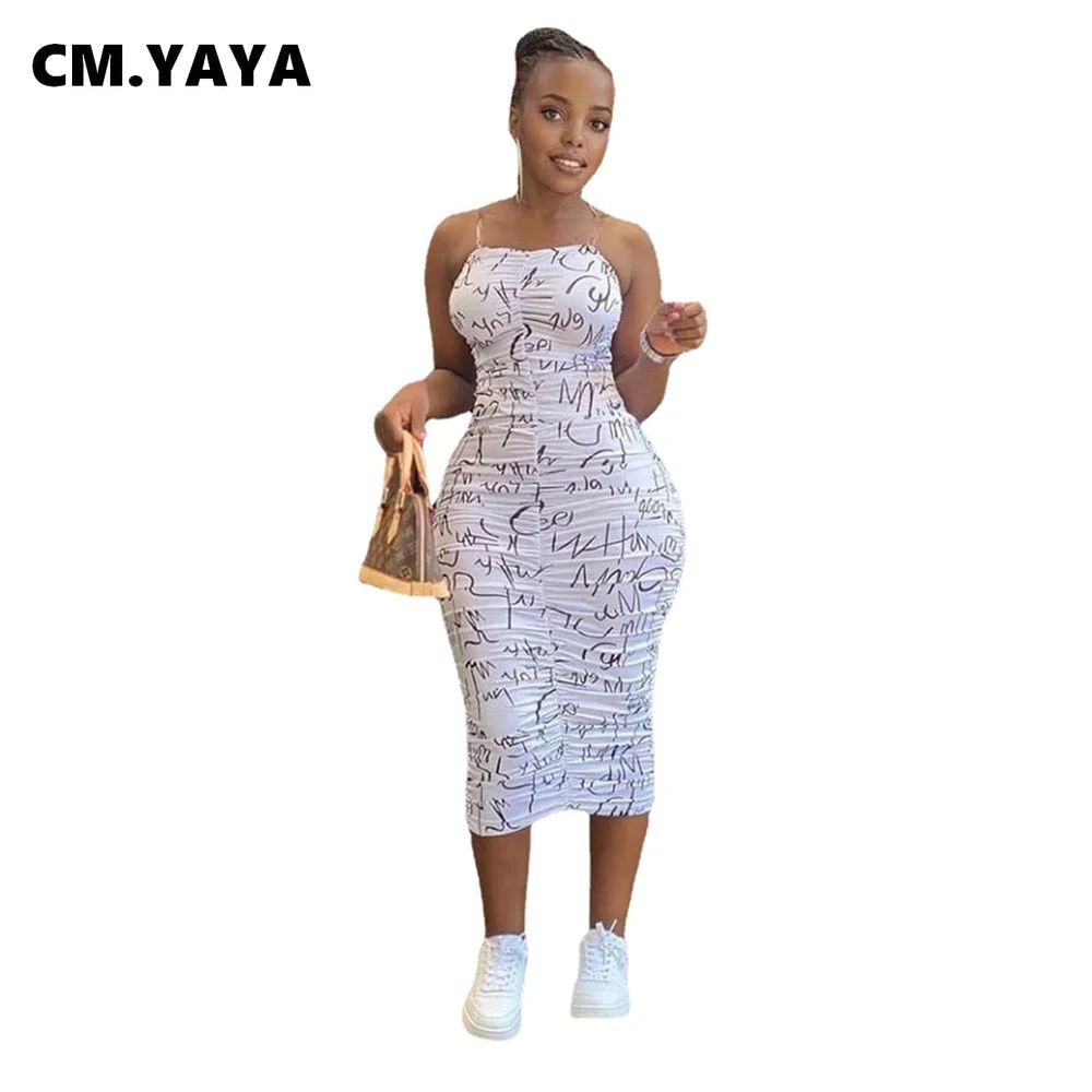 CM.YAYA Women Dress Print Spaghetti Strap Slash Neck Sheath Elastic Mid Calf Dresses Female Sexy Casual Fashion Outfit Summer