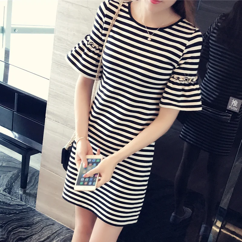 Uveng Uveng Summer Women's Wear Long Women's Stripe Loose Short-Sleeved T-Shirt Korean Version Horizontal Stripe Women's Dress