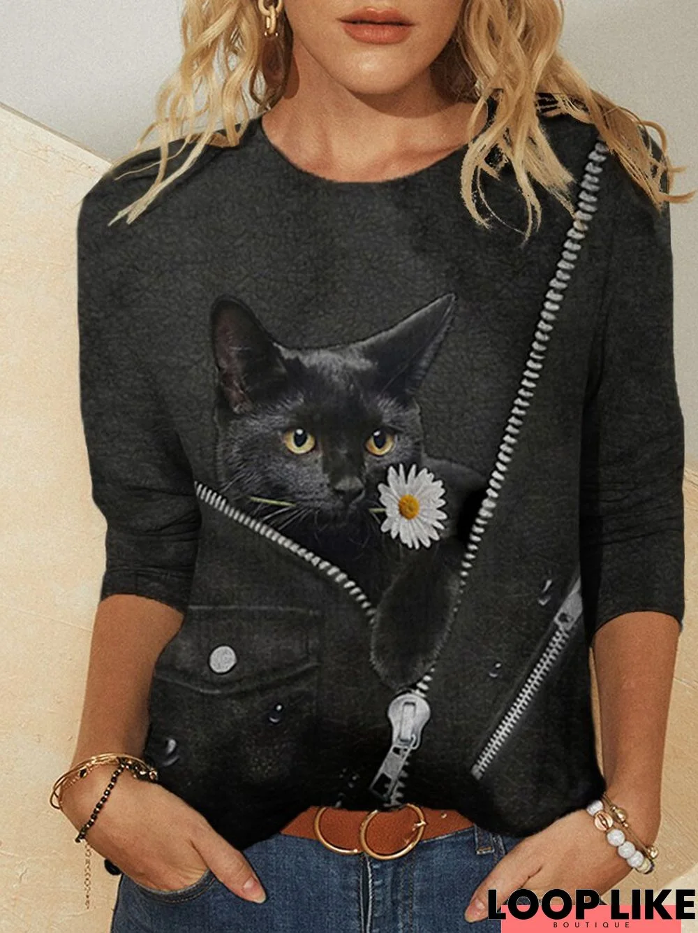 Cat Flower Print O-neck Long Sleeve Casual T-shirt