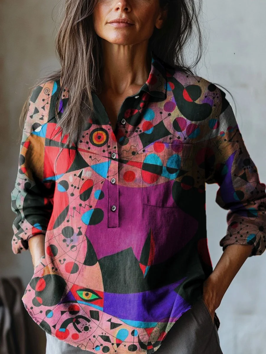 Women's Abstract Geometric Art Print Casual Cotton And Linen Shirt