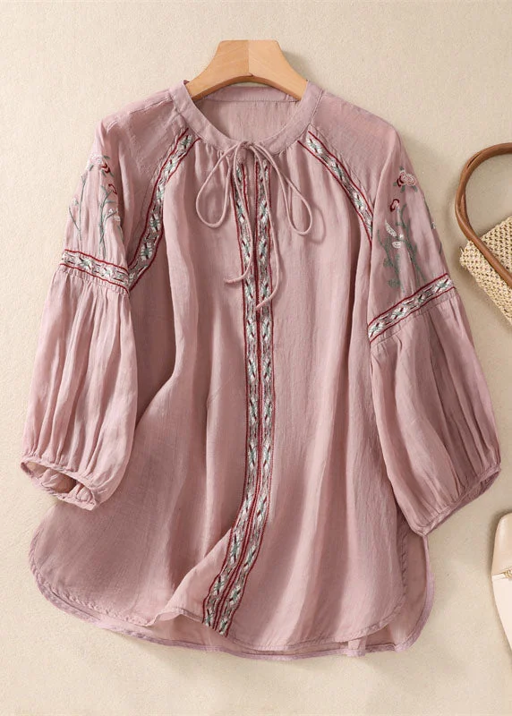 Organic Pink Embroideried Patchwork Cotton Shirt Tops Bracelet Sleeve
