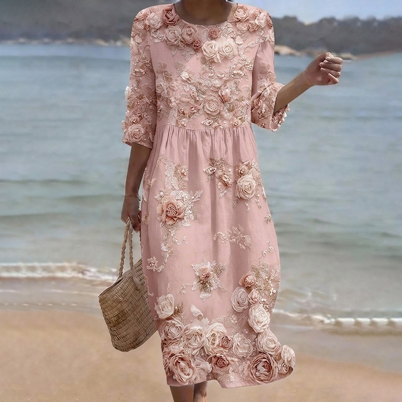 Vintage Floral Roses Art Pattern Linen Blend Loose Three-quarter Sleeve Dress wearshes