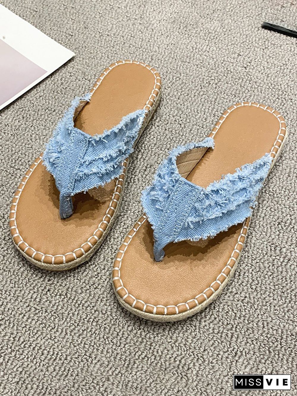 Distressed Denim Fringe Straw Bottom Flip Flops