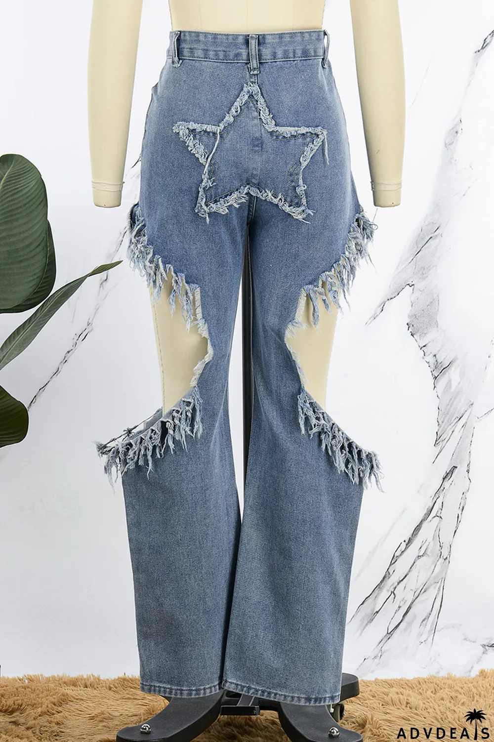Blue Street Solid Tassel Ripped Make Old Patchwork High Waist Denim Jeans