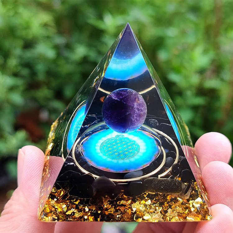 Amethyst Crystal Sphere with Obsidian Orgone Pyramid
