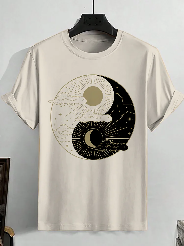 100% Cotton Men's Sun And Moon Yin Yang Print  Casual T-Shirt