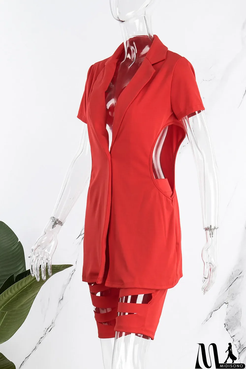 MidiSono - Red Street Print Hollowed Out Patchwork Buttons Turn-back Collar Short Sleeve Two Pieces