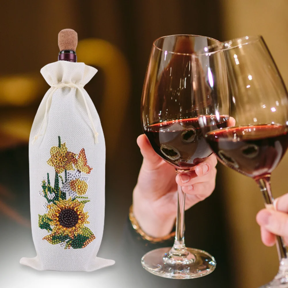 DIY Flower Diamond Painting Burlap Wine Gift Bags Label Liquor Bottle Covers