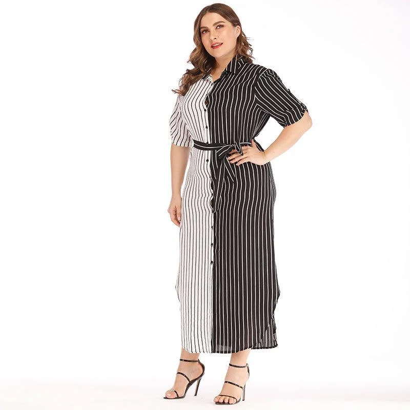 Short-sleeved lapel black and white striped button irregular dress