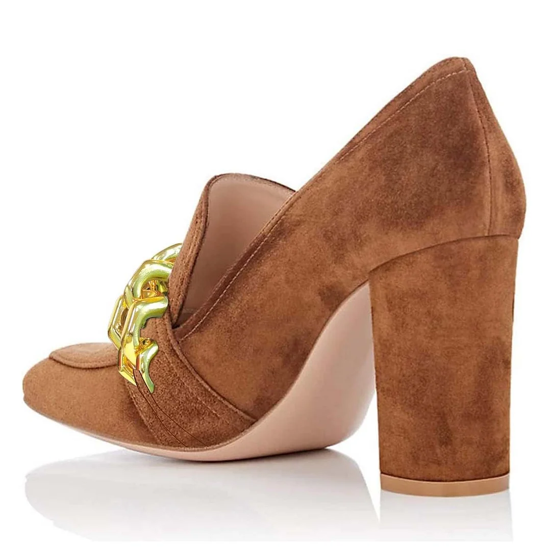 Brown Vegan Suede Chain Chunky Heeled Loafers with Square Toe