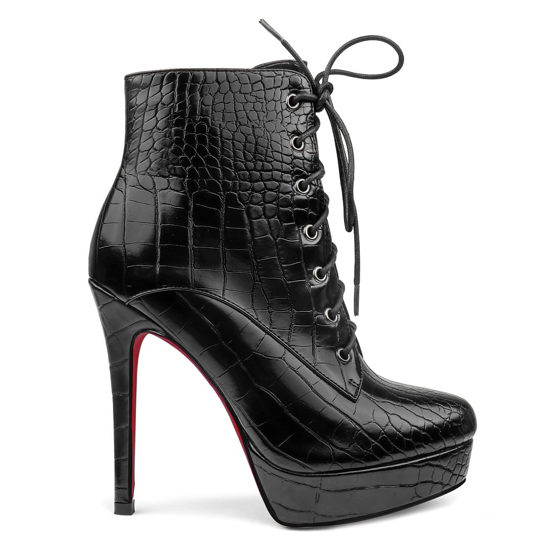 130mm Women's Platform Chunky Heeled Buckle Knight Punk Boots Lace Up Round Toe Red Bottom Ankle Booties-MERUMOTE