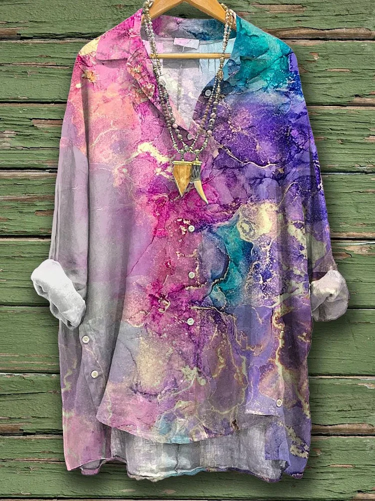 Women's Color Smudge Print Casual Cotton And Linen Shirt