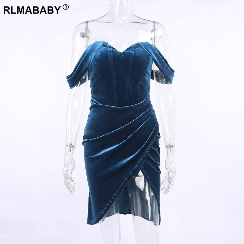 Elegant Sexy Strapless Blue Velvet Midi Bodycon Dress Slim Backless Folds Split Night Club Christmas Evening Party Purple Dress