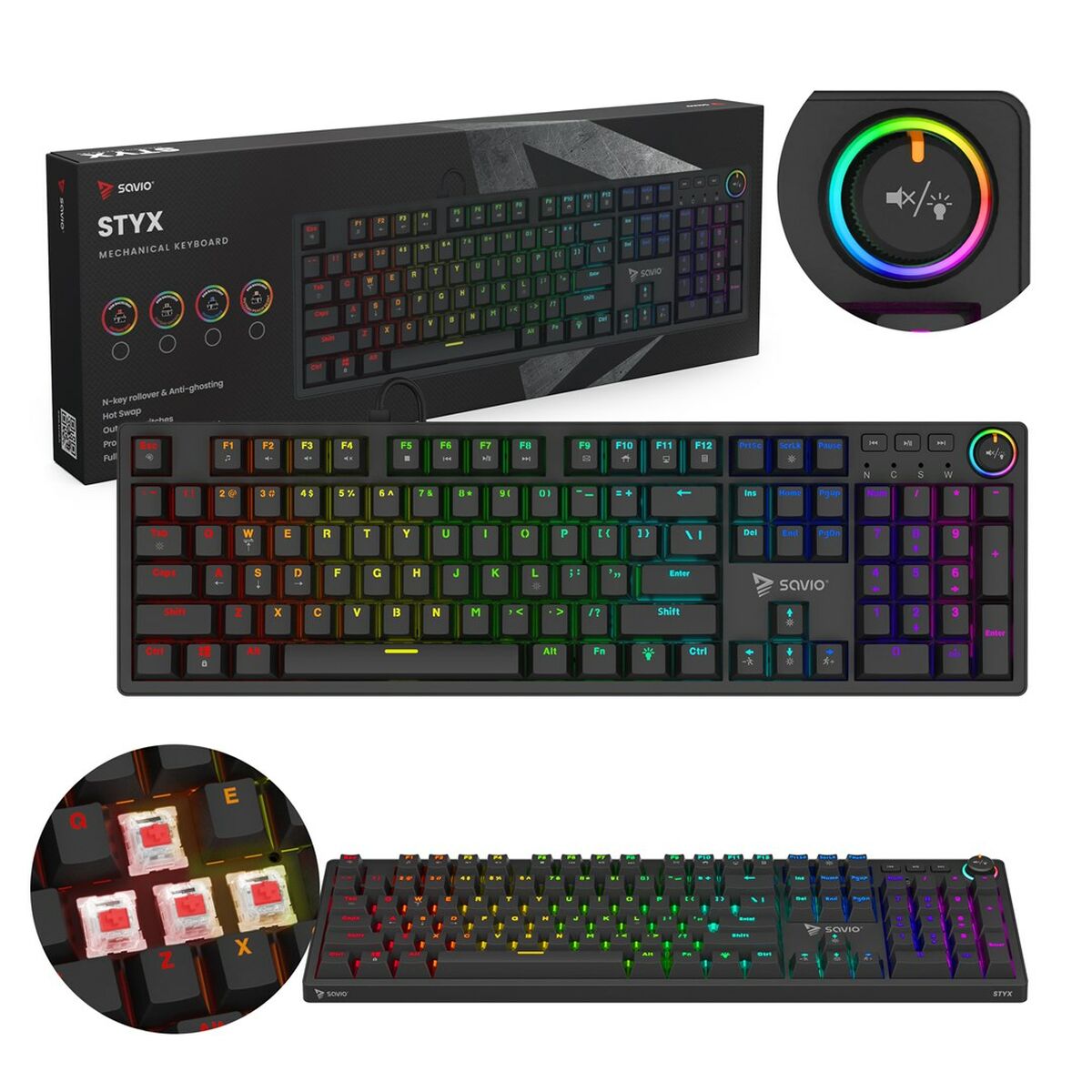Keyboard Savio STYX Outemu Red Black Multicolour QWERTY