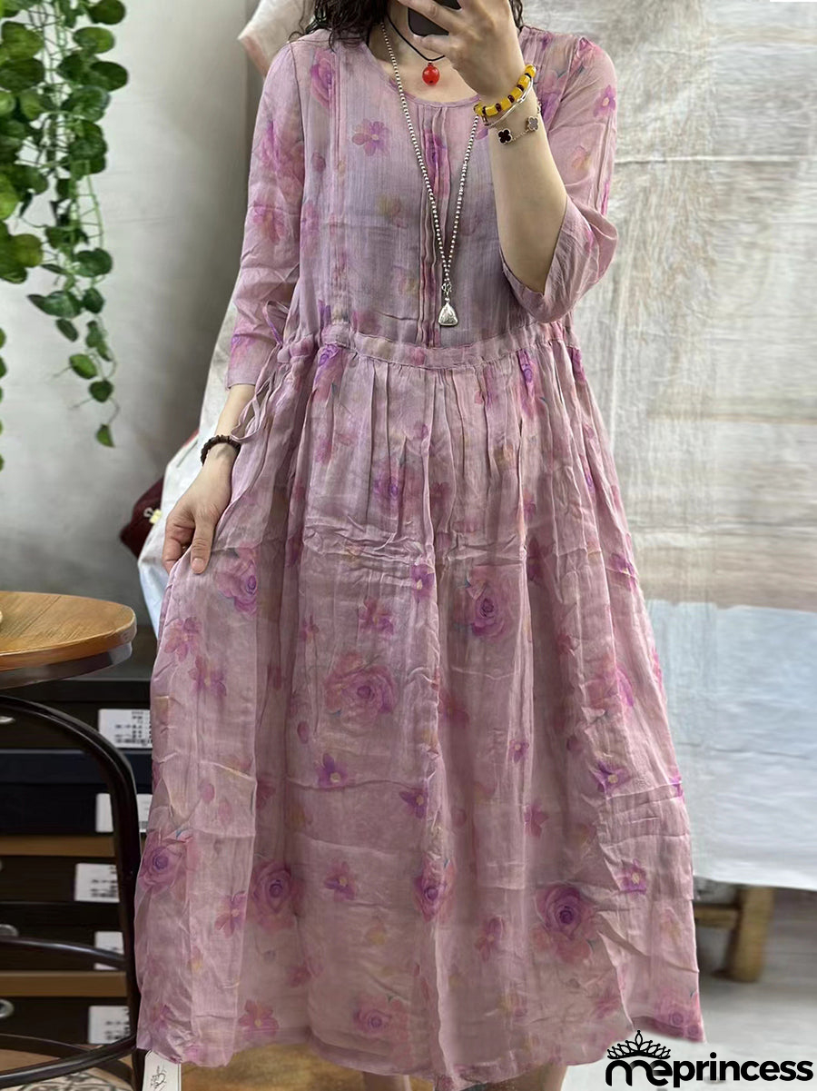 Women Summer Floral Artsy Strap Ramie Dress