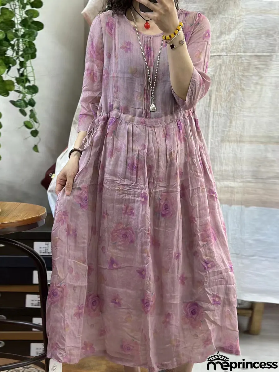 Women Summer Floral Artsy Strap Ramie Dress