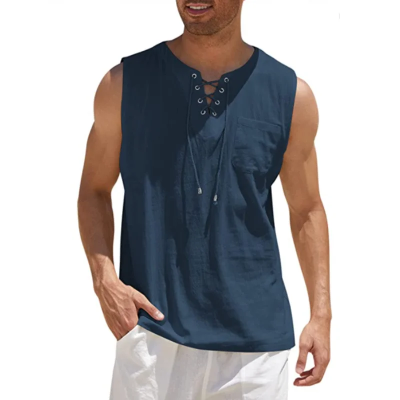  Men's Casual Sleeveless Vest with Lace-Up Front Design for Summer