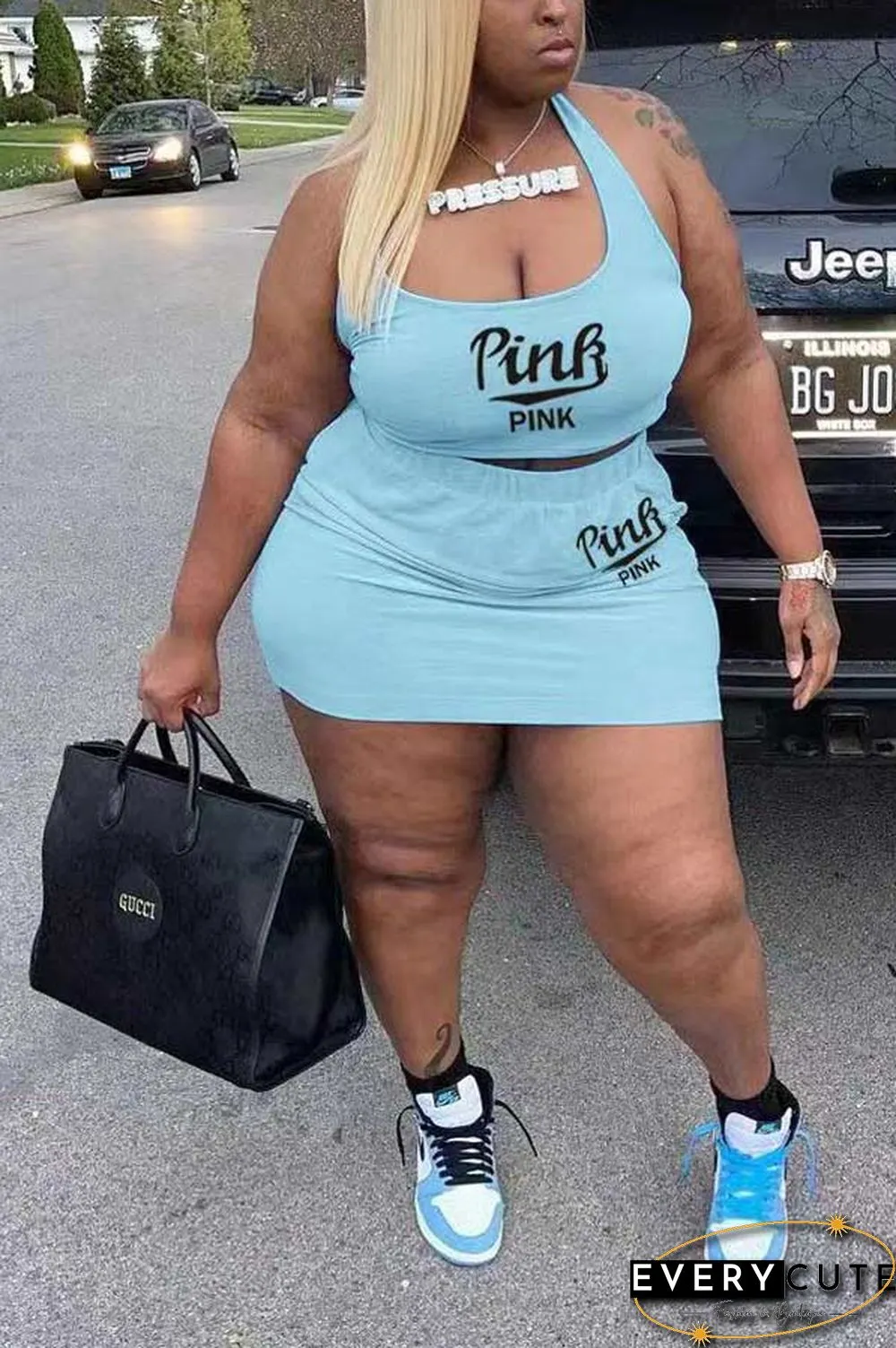Fashion Plus Size Print Vest Skirt Set
