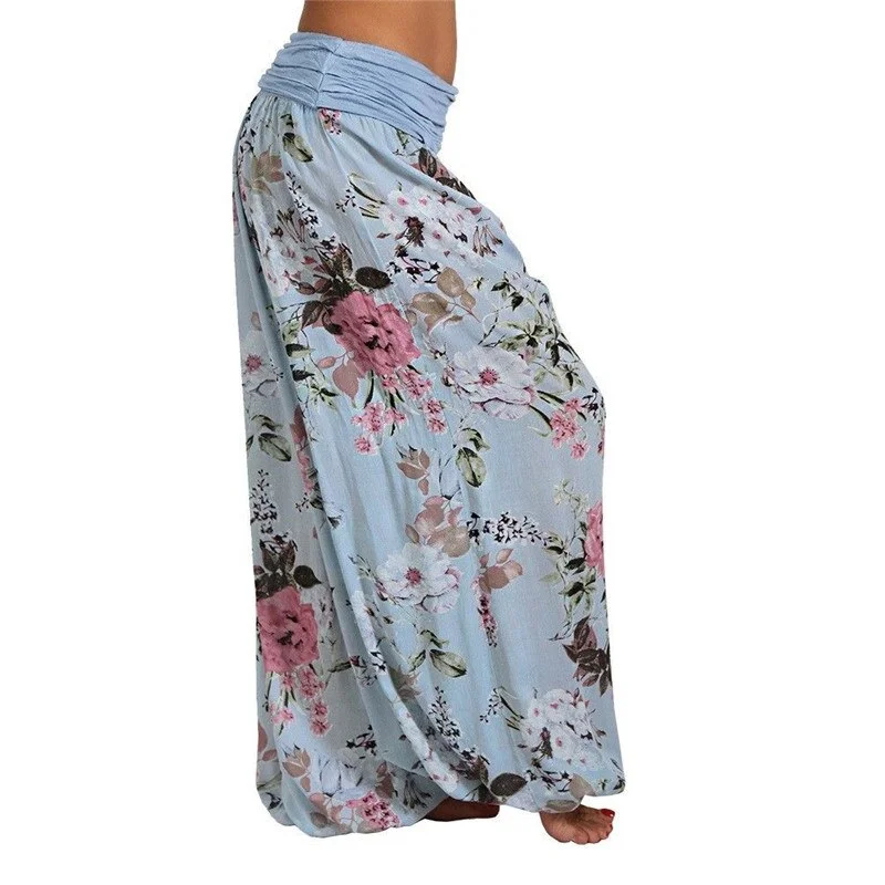 Women Bohemian Floral Print Long Pants 2021 Mid Waist Vintage Harem Pants Elastic Waist Boho Beach Trousers Plus Size 5XL