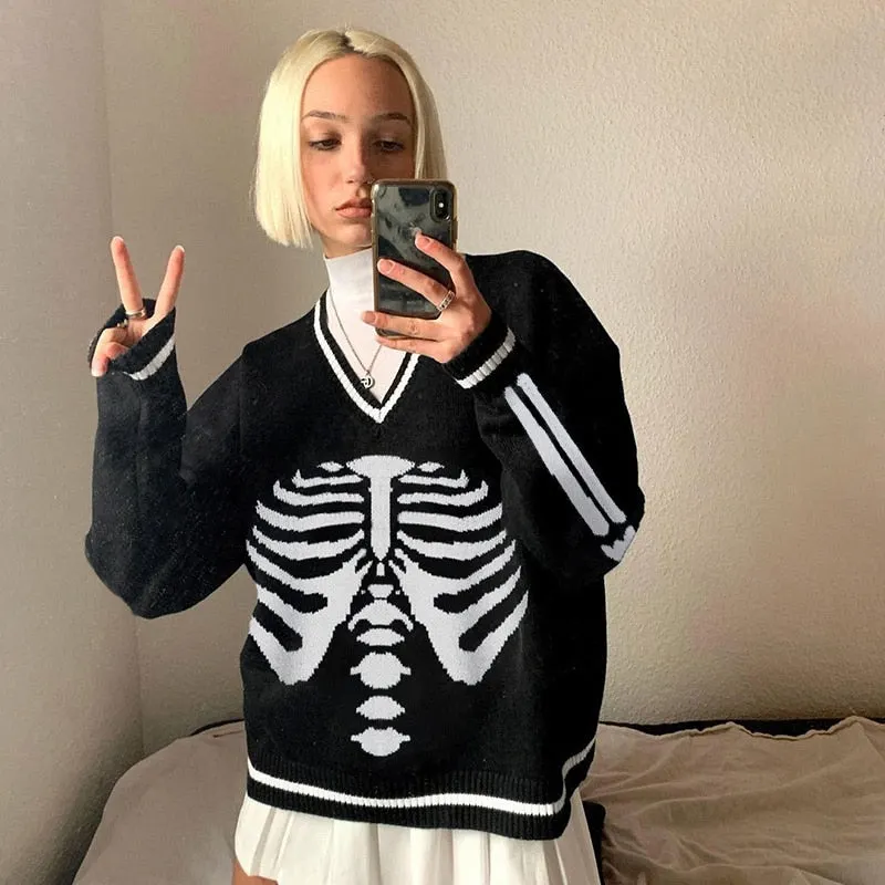 Weekeep Y2K Chic Print Streetwear Oversized Sweater Women's Casual Autumn Winter Knitted Jumper Fashion Loose Knitwear Pullovers