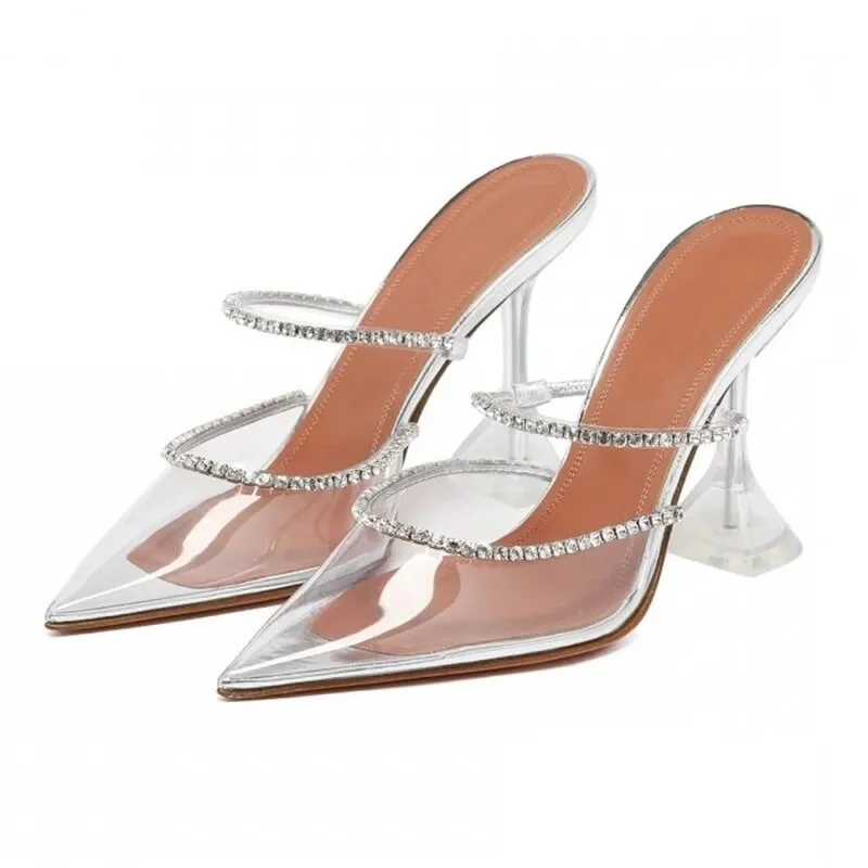 Cartoonh Rhinestones satin Women Pumps Slippers Elegant Pointed toe High heels Lady Mules Sildes Summer Fashion Party prom Shoes