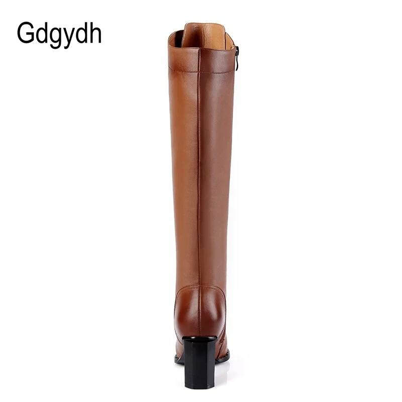 Gdgydh Spring Women Winter Knee High Boots Lacing Black Female Genuine Leather Boots Ladies Square High Heels Rubber Sole Shoes