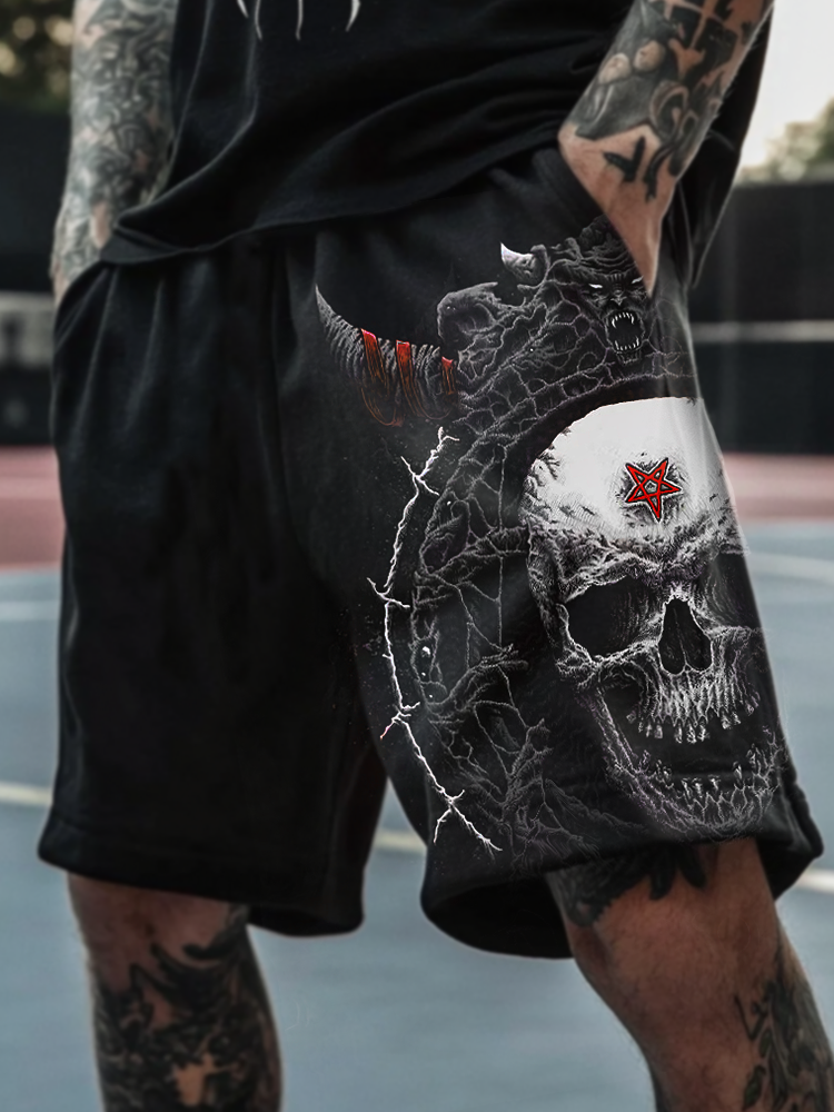 Satanic Skull Devil Dark Pentagram Printed Shorts / Rvogue / Rvogue