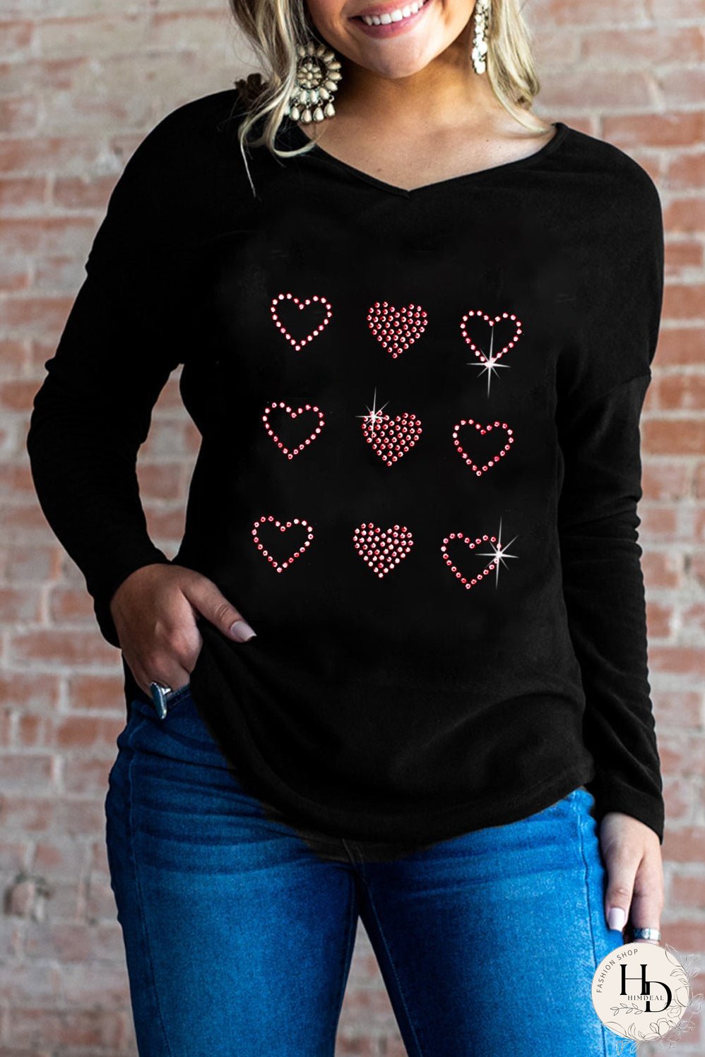 Black Valentines Day Rhinestone Heart Graphic Long Sleeve Tee