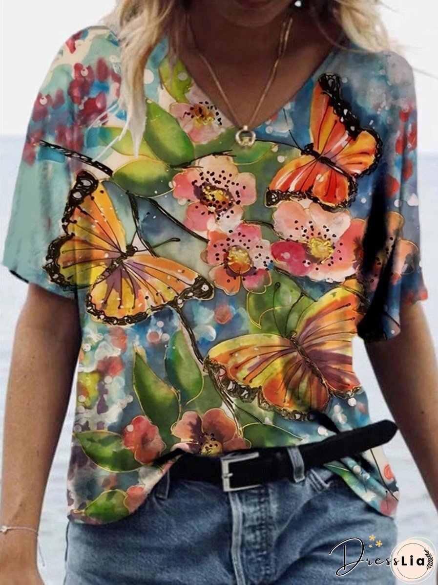 Butterfly Printed V-neck T-shirt for Women