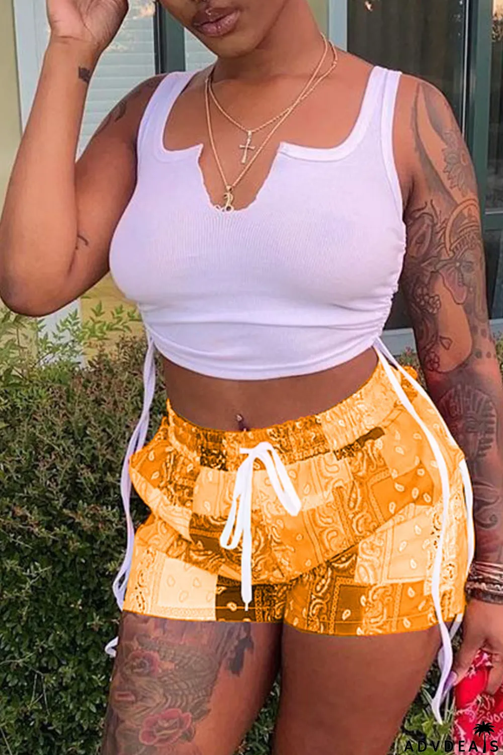 Grey Sexy Print Ripped Contrast Spaghetti Strap Sleeveless Two Pieces