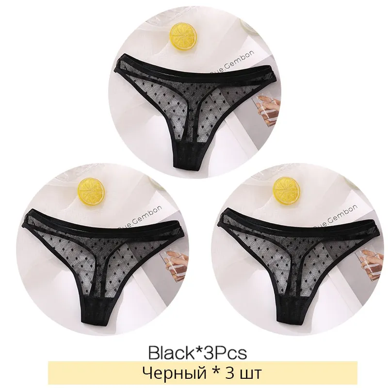 FINETOO Sexy Lace Thongs Women 3Pcs/set Transparent G-string Panties Dots Lace T-back Underwear Fashion Female Underpants M-XL