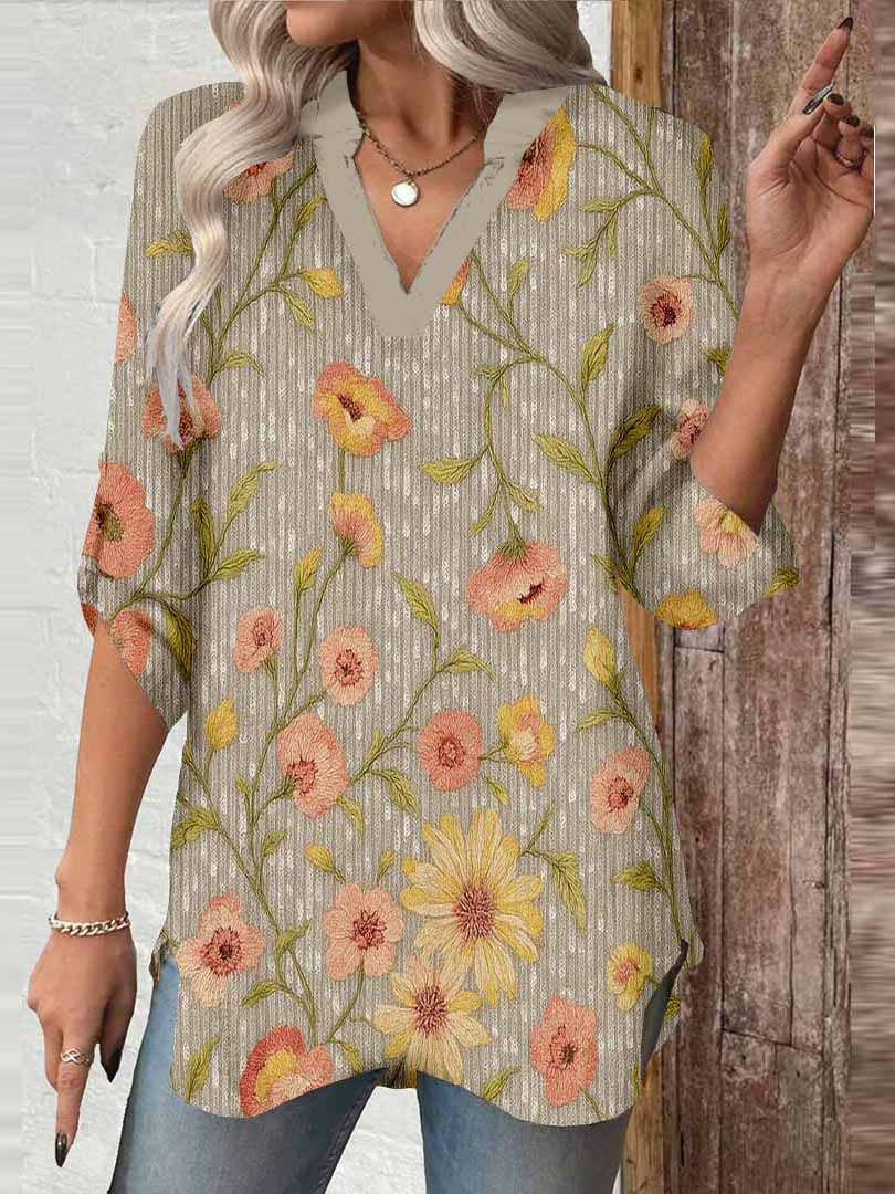 Women Floral, Shiny, Pink, Green DZGA0179 3/4 Sleeve V-neck Printed Graphic Button Tops