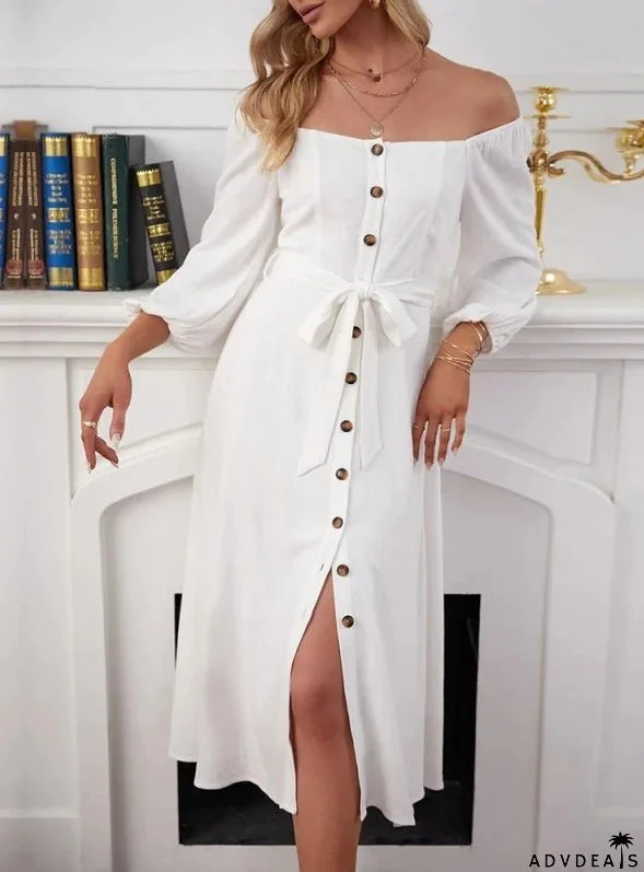 Long-Sleeved Double-Breasted Dress with Slit