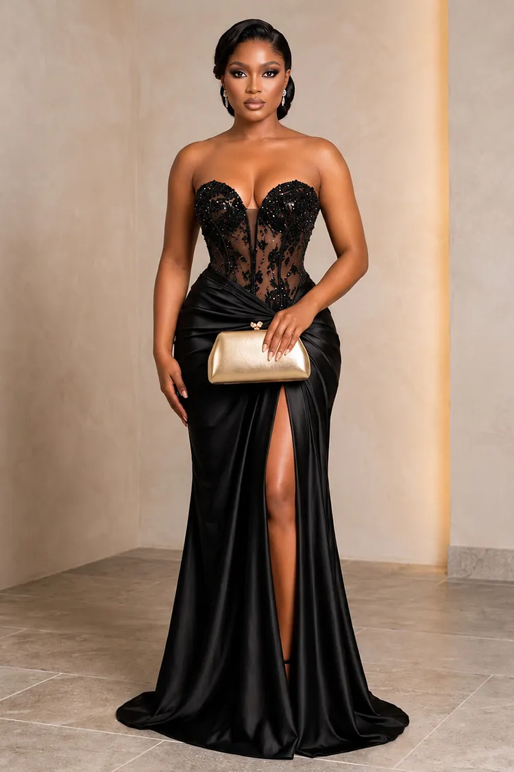 strapless black dress with slit Beaded Lace Corset Satin High Maxi Dresses-Black [Pre Order] your new go vintage black wedding dress WRK Solid Black Dress Size:S (MADE-TO-ORDER)