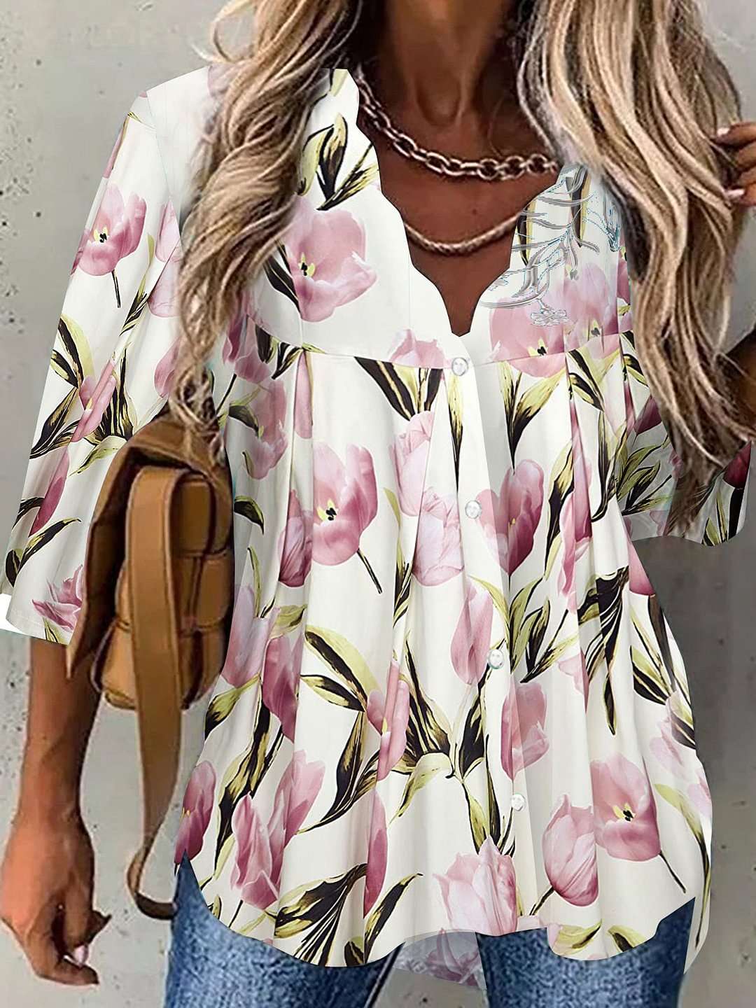 Women's Pink V-Neck 3/4 Sleeve Floral Printed Buttons Top