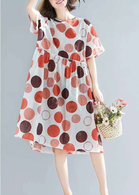 Style red dotted linen clothes For Women plus size design o neck short sleeve Plus Size Summer Dress