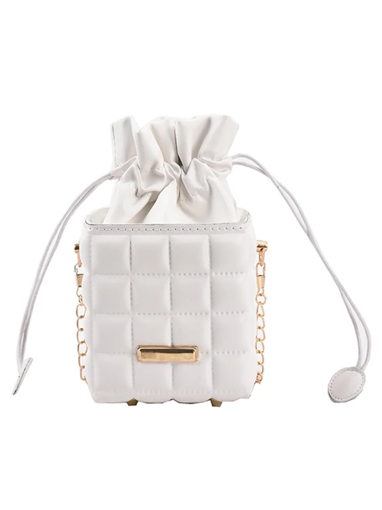 Retro Women PU Checker Drawstring Crossbody Bag Chain Cube Handbag (White)