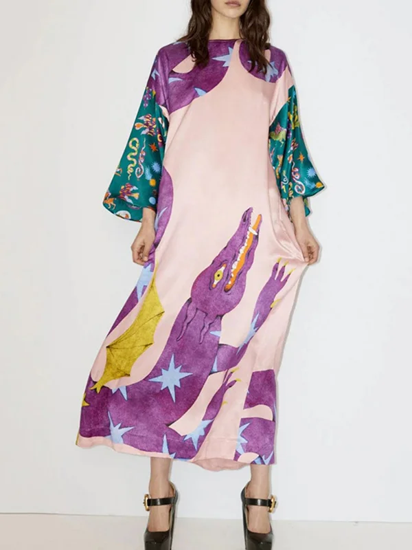 Split-Side Printed Loose Long Sleeves Round-Neck Maxi Dresses