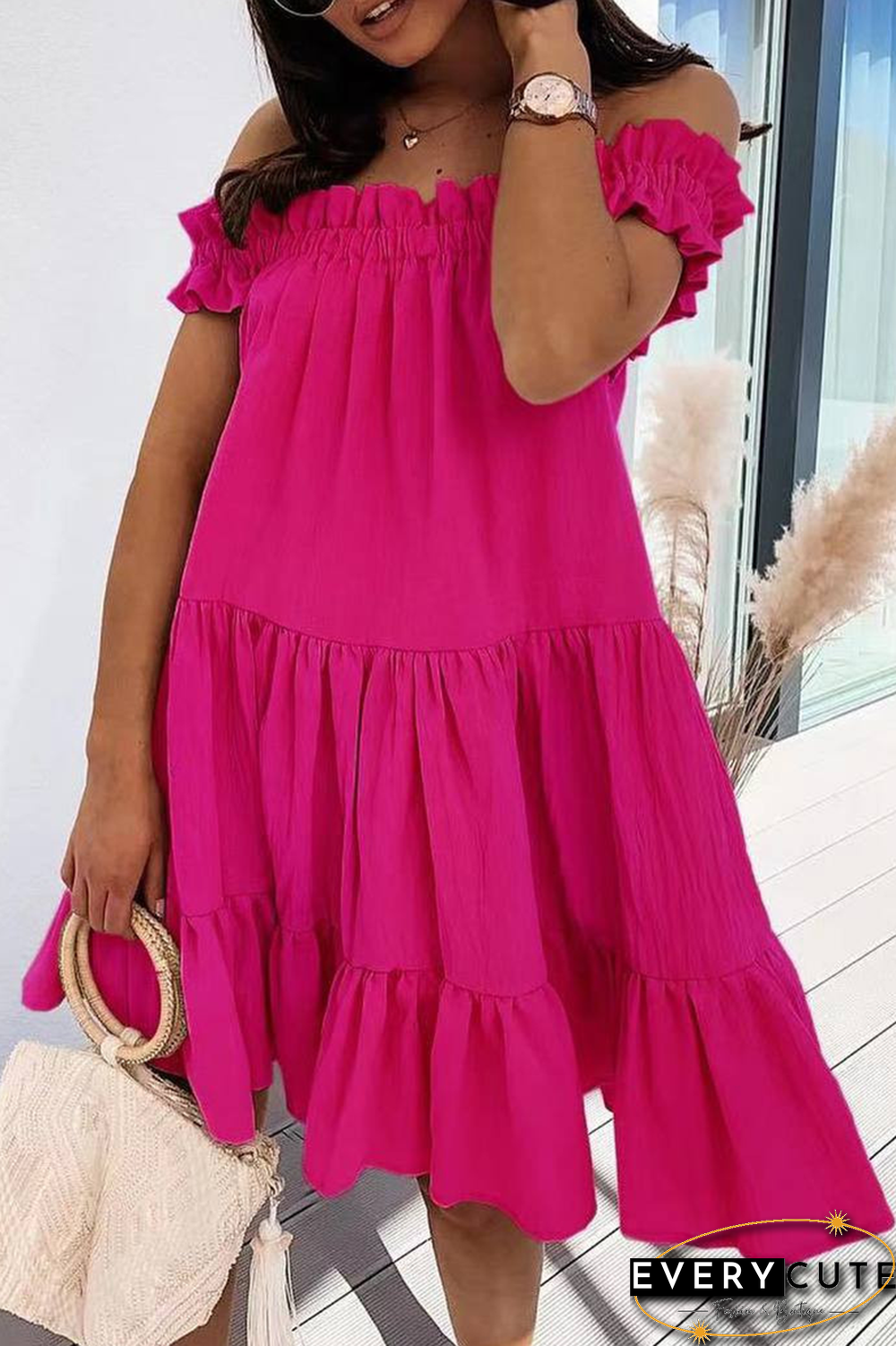 Sweet Solid Patchwork Flounce Off The Shoulder Cake Skirt Dresses(5 Colors)