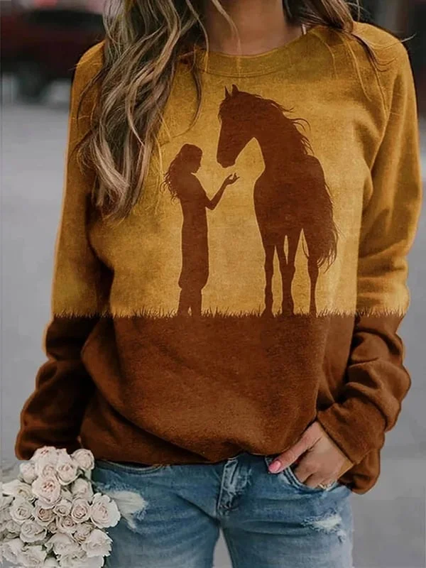 Women's Girl And Horse Silhouette Printed Casual Sweatshirt socialshop