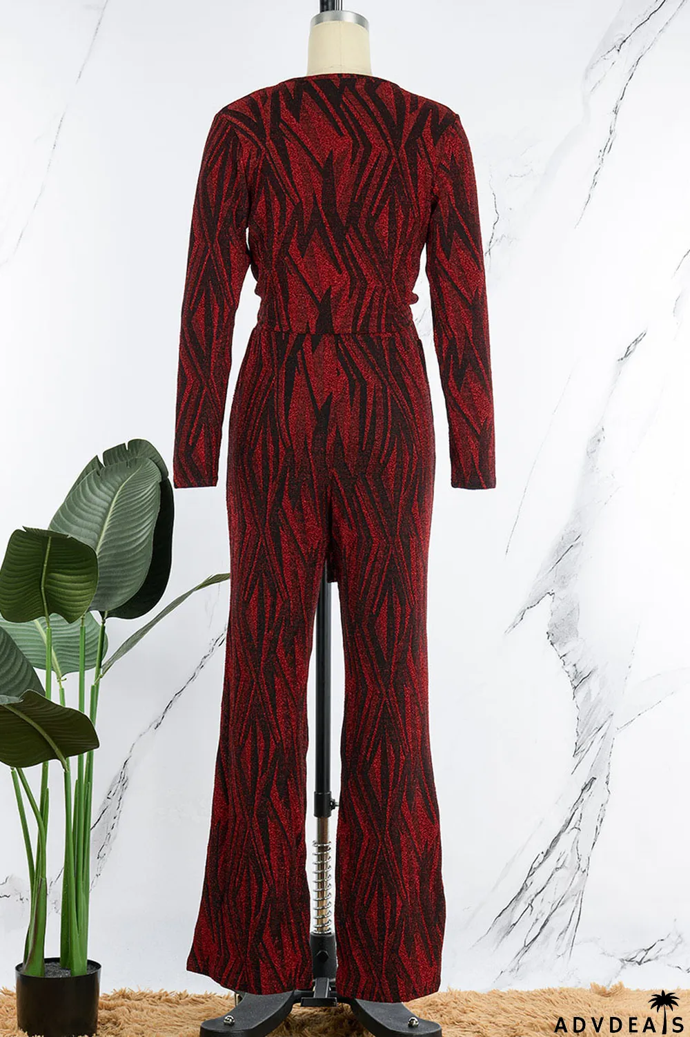 Black Sexy Print Bandage Patchwork V Neck Long Sleeve Two Pieces