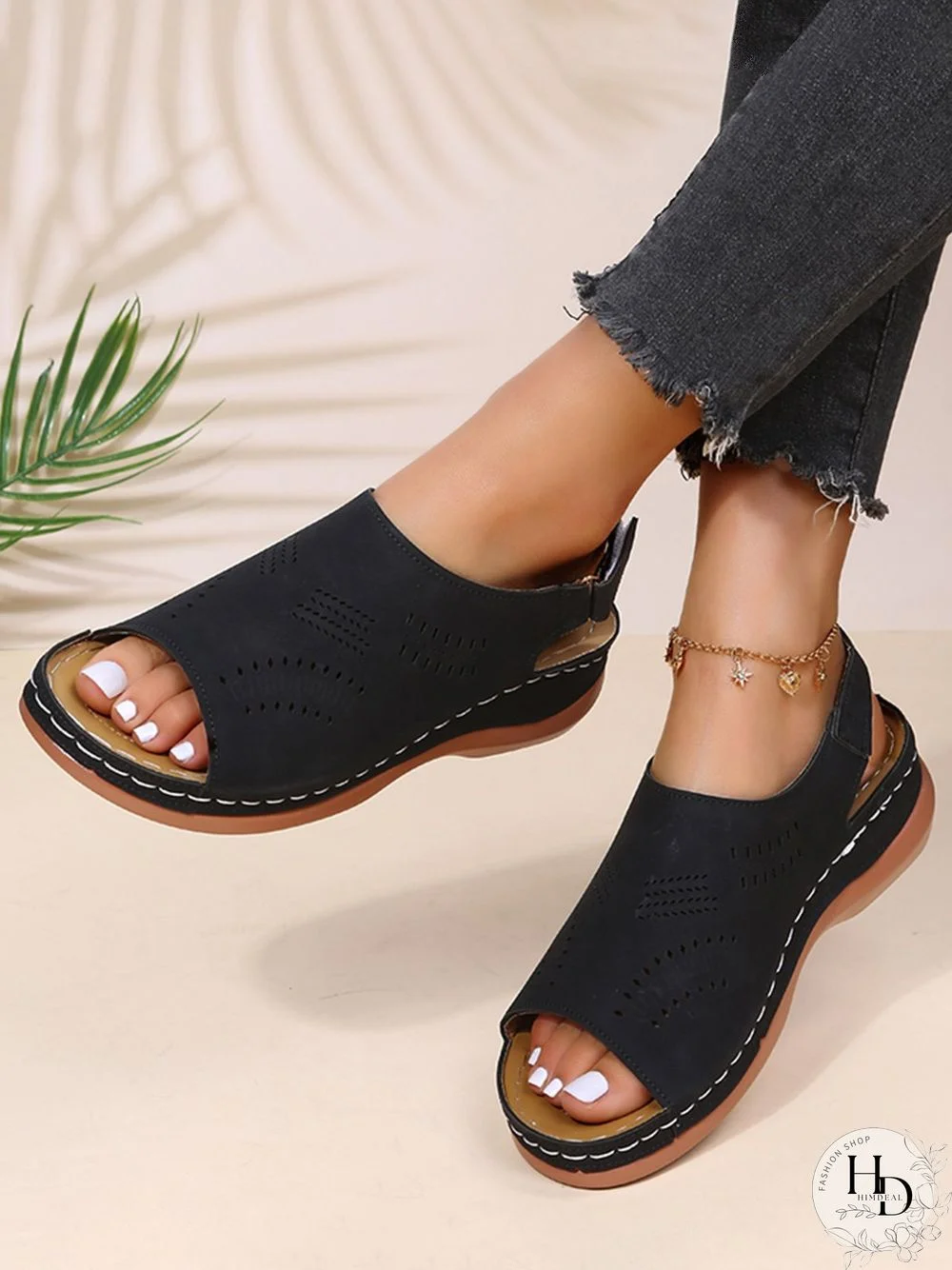 Cutout Velcro Vintage Casual Velcro Wedge Sandals