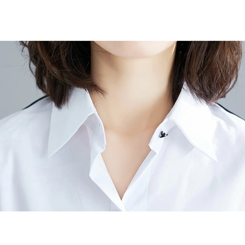 Tlbang New Women Patchwork Long Cotton Oversize White Shirt Batwing Sleeve Side Split Blouse Turn-Down Collar Casual Tops T96501